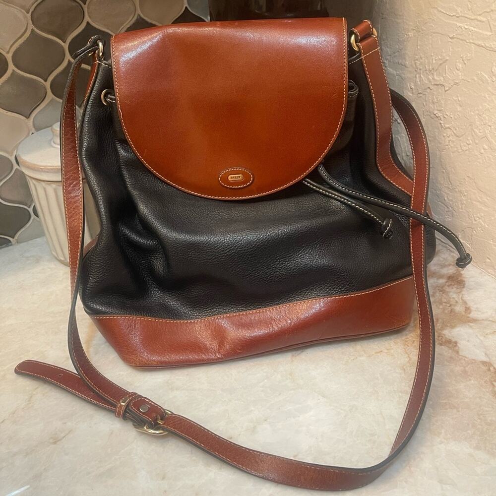 Bally Black and Brown All Leather Bucket Shoulder Bag